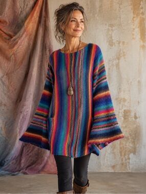Vintage Rainbow Mohair Bell Sleeve Sweater Tunic Festival Art Knit